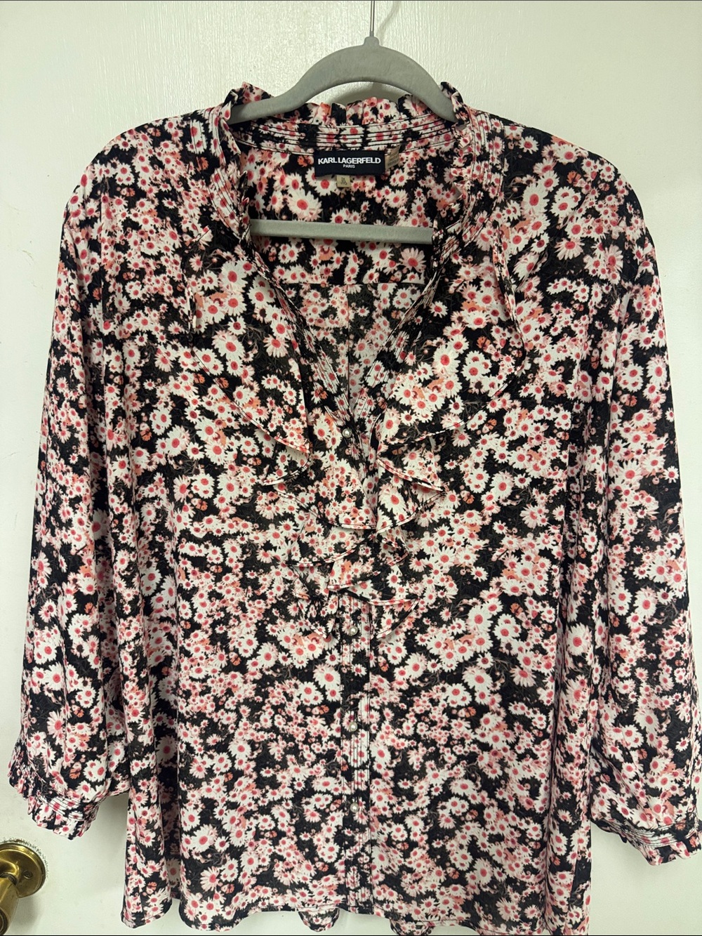 Karl Lagerfeld Black Floral Ruffle V-Neck Blouse with Pink and White Daisies